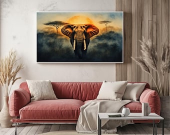 African Elephant Wall Art, Safari Sunset Poster, African Savanna Digital Art, Wild Animal Decoration, Elephant Poster, Wildlife Poster