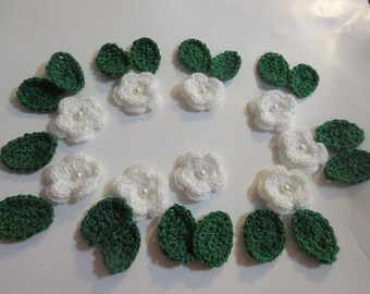 Crochet Flowers with leaves, Ready Made, Cotton Embellishments