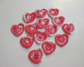 Crochet Heart Appliques, Ready Made, Set of 14 Strawberry