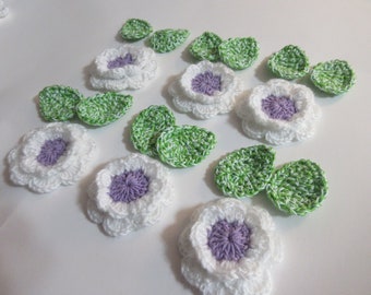 Crochet Flowers with leaves, Ready Made, Cotton Embellishments