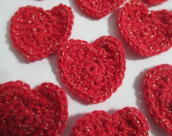 Crochet Heart Appliques, Ready Made, Set of 10 red sparkle