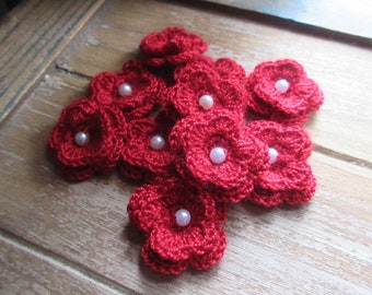 Crochet Flowers with pearls, Ready Made, Acrylic Embellishments, set of 10