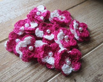 Crochet Flowers with pearls, Ready Made, Cotton Embellishments, set of 10