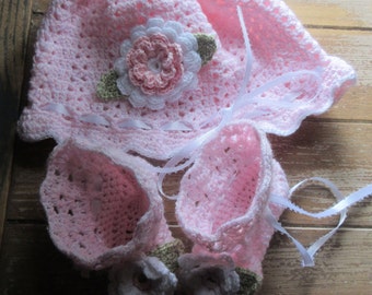 Crochet Baby Hat and Booties Set in Pink Omega for Newborns or Reborn dolls