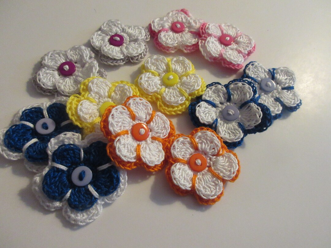 Crochet Flowers With Button Centers, Ready Made, Cotton Embellishments