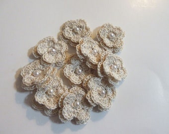 Crochet Flowers with pearls, Ready Made, Cotton Embellishments, set of 10