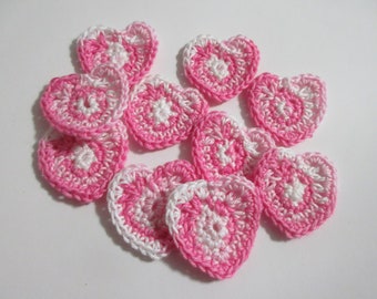 Crochet Heart Appliques, Ready Made, Set of 10 Pink variegated