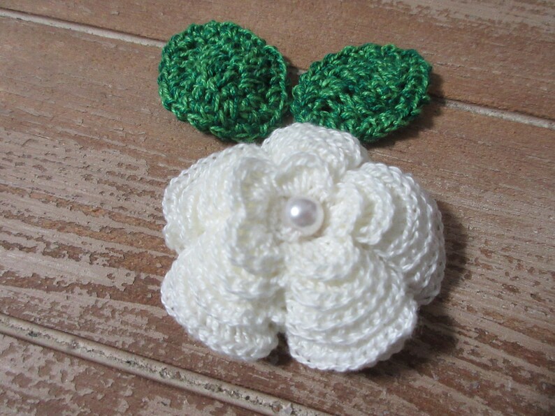 Crochet Multi layered Flower Applique in Off White with leaves