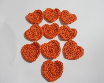 Crochet Heart Appliques, Ready Made, Set of 10 in orange