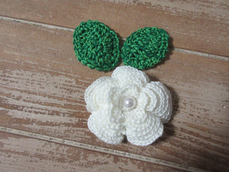 Crochet Multi layered Flower Applique in Off White with leaves