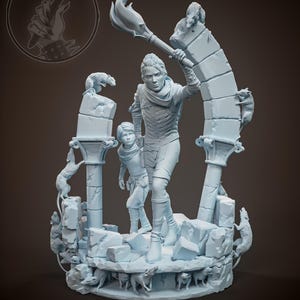 May include: A 3D printed figurine of a woman holding a torch and a young child, standing on a base with a broken archway and many rats. The figurine is painted in a light blue color.