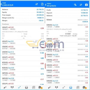 May include: A mobile trading platform interface showing financial data, including balance, equity, and margin level. The screen displays currency pairs like EURUSD and USDJPY, with buy and sell positions and profit/loss figures. The interface is in shades of white and blue.