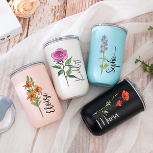 Personalized Stainless Tumbler, Birth Flower Cup, Bridesmaid Proposal Gift, Wine Tumbler with Lid, Coffee Cup, Travel Mugs, Bridesmaid Gift