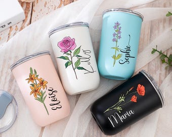 Bicchiere in acciaio inossidabile personalizzato, tazza con fiori per la nascita, regalo per la proposta di matrimonio della damigella d'onore, bicchiere da vino con coperchio, tazza da caffè, tazze da viaggio, regalo per la damigella d'onore