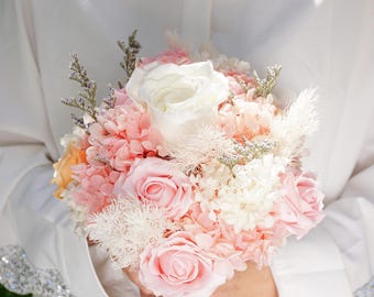 Pink hydrangea rose dried flower bouquet, romantic wedding bridal bouquet, preserved rose home decoration bouquet, wedding decoration
