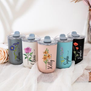 Custom Birth Flower Tumbler Cup, Bridesmaid Proposal Gift, Wine Tumbler with Lid, Coffee Cup, Travel Mugs, Bridesmaid Gift, Christmas Gifts