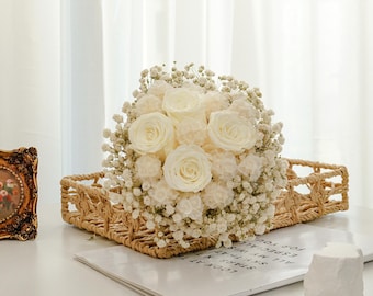 White rose champagne ball  flower wedding bouquet, bohemian wedding bouquet, natural dried flower customization, home decoration bouquet