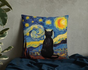 Black Cat Starry Night Pillow