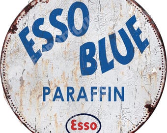 Esso Blue Paraffin , Round Metal Tin Sign , 30cm diameter 12&quot; ,Garage , Workshop ,Man Cave , vintage style decoration