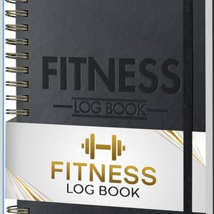 May include: Black fitness log book with gold spiral binding and a black elastic band closure. The cover features the embossed text "FITNESS LOG BOOK" and a gold and white label with the text "FITNESS LOG BOOK" and a dumbbell icon.