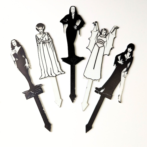 Scream Queen Horror Movie Plant Stake - Elvira, Morticia, Vampira, Lily and Bride of Frankenstein