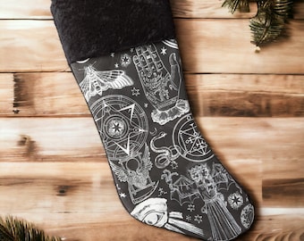 Wiccan and Alchemy Symbol Collage Gothic Holiday Stocking | Creepmas Christmas Decor| Black Christmas Stocking
