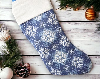 Bat Snowflake Creepmas Holiday Stocking | Gothic Christmas Decor| Blue and White Christmas Stocking