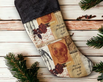 Gothic Skull and Roses Creepmas Holiday Stocking | Gothic Christmas Decor| Black Christmas Stocking