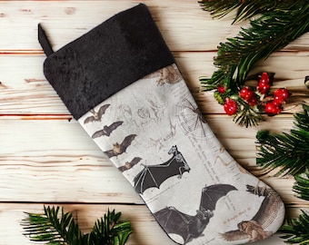 Bat Specimen Illustrated Creepmas Holiday Stocking | Gothic Christmas Decor| Black Christmas Stocking