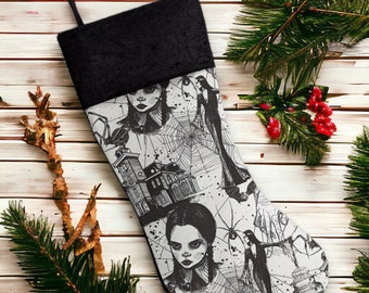 Spooky Girl Wednesday Inspired Creepmas Holiday Stocking | Gothic Christmas Decor| Black Christmas Stocking