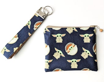 Grogu Navy Blue Star Wars Zipper Pouch | Full Coordinating Lining and Charm | Multiple Sizes