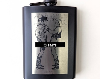 Vintage Gay Cowboy Poster 8oz Black Laser Engraved Flask