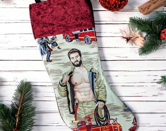 Sexy Fireman Christmas Stocking | Alexander Henry Premium Fabric Stocking | Feel the Heat | Pin-Up Holiday Decor