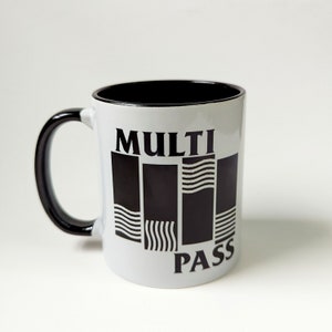 Fifth Element and Black Flag Multipass Science Fiction Mashup Coffee Mug | White with Black Accents