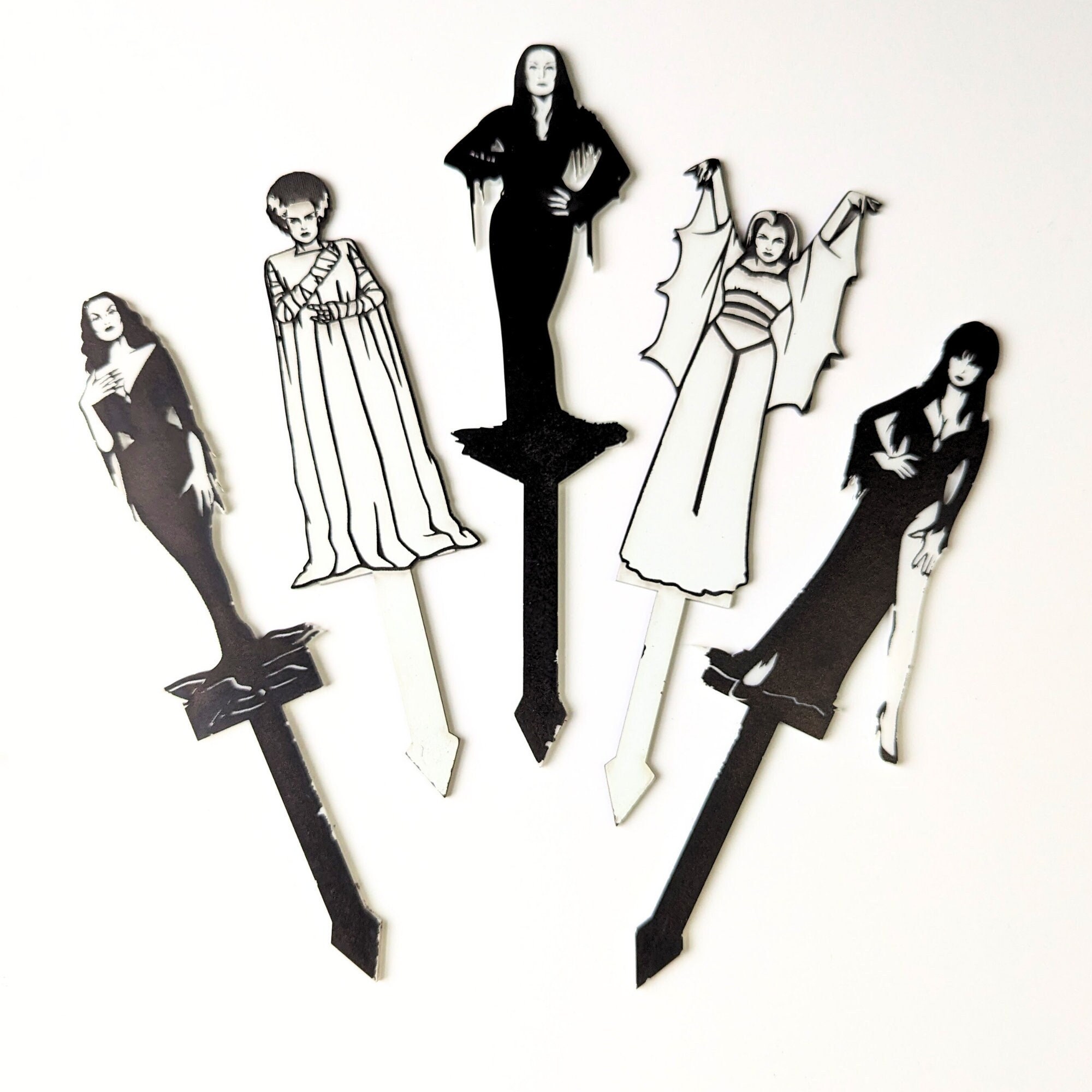 Scream Queen Horror Movie Plant Stake - Elvira, Morticia, Vampira, Lily and Bride of Frankenstein