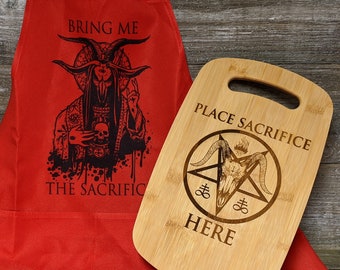 Place Sacrifice Here Satanic BBQ Set | Laser Engraved Bamboo Cutting Board with OSFM One Color Apron