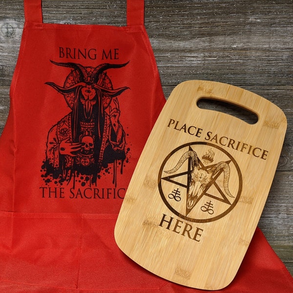 Place Sacrifice Here Satanic BBQ Set | Laser Engraved Bamboo Cutting Board with OSFM One Color Apron