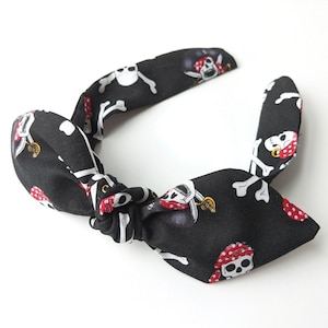 Lightweight Pirate Skull and Crossbones Fabric Headband | Adjustable and Removable Bow Tie Accent