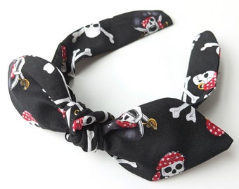 Lightweight Pirate Skull and Crossbones Fabric Headband | Adjustable and Removable Bow Tie Accent