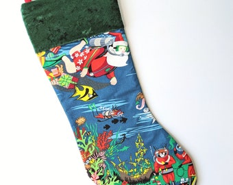 Tropical & Scuba Santa Novelty Christmas Stocking | Premium Fabric, Fully Lined with Velvet Trim