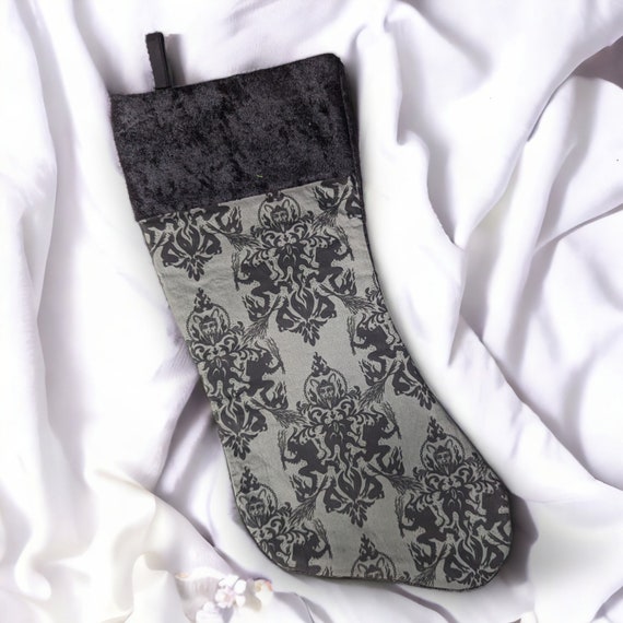 Krampus Damask Creepmas Holiday Stocking | Merry Krampus Holiday Decor | Black Christmas Stocking