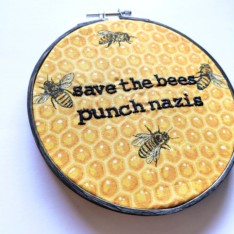 Save the Bees Punk Rock Homestead Anti-Fascist Embroidered Wall Decor immagine 3