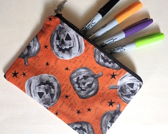 Vintage Style Spooky Jack-o-Lantern 6x8 Zipper Pouch | Coordinated Lining & Charm | Multiple Sizes