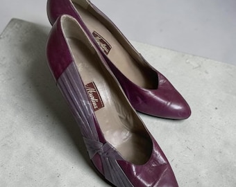 Vintage 80s Italian Leather Pumps: Purple Grey Pleated Bow, EU 40 (Fits 39-40)