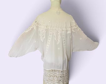 Vintage 1990s Italian Terry Blouse Batwing Lace Grapevine Made in Italy