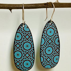 Blue Pattern Flower Teardrop Enameled Large Earrings