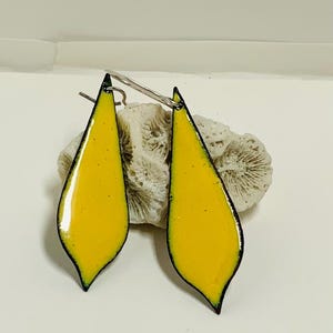 Yellow Grey Teardrop Enameled Large Earrings