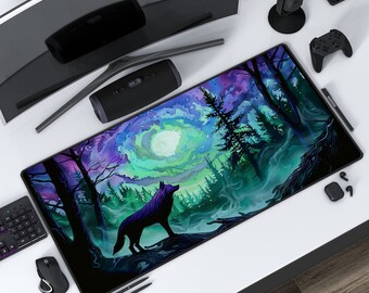 森の夜の狼 | 水彩画デスクマット | 自然マウスパッド | 保護プレイマット | 仕事、ゲーム、オフィス、自宅 | ステッチエッジ | 3 つのサイズオプション