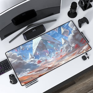 May include: A large, colourful gaming mouse mat with a fantasy landscape featuring floating geometric shapes and clouds. The mouse mat is on a white desk with a computer monitor, a speaker, a microphone, a controller, and other accessories.