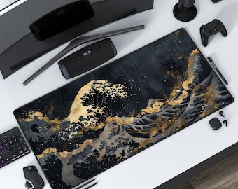 グレート ウェーブ | ブラック | 日本のデスクマット | アジアン アート | 海景マウスパッド | 保護プレイマット | 仕事 ゲーム オフィス ホーム | ステッチ | 3 サイズ